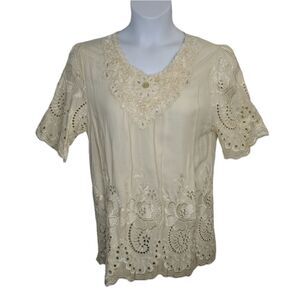 NEW Venice Blue ivory beaded embellished eyelet tunic blouse‎ top M/L